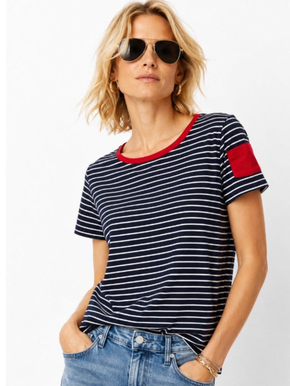Lauren Ralph Lauren Striped Cotton Tee Red Trim Navy White XL Preppy Everyday